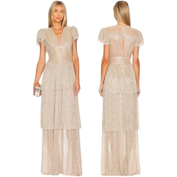 Sabina Musayev Sarah Maxi Dress Gold Metallic Sequin Tiered Long Skirt Sz S NWT - Picture 1 of 11